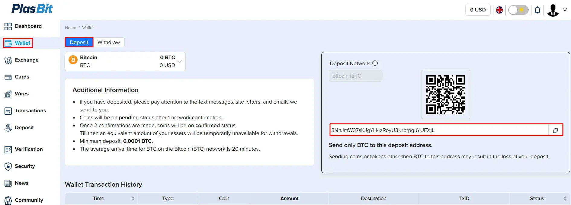 deposit crypto into plasbit wallet