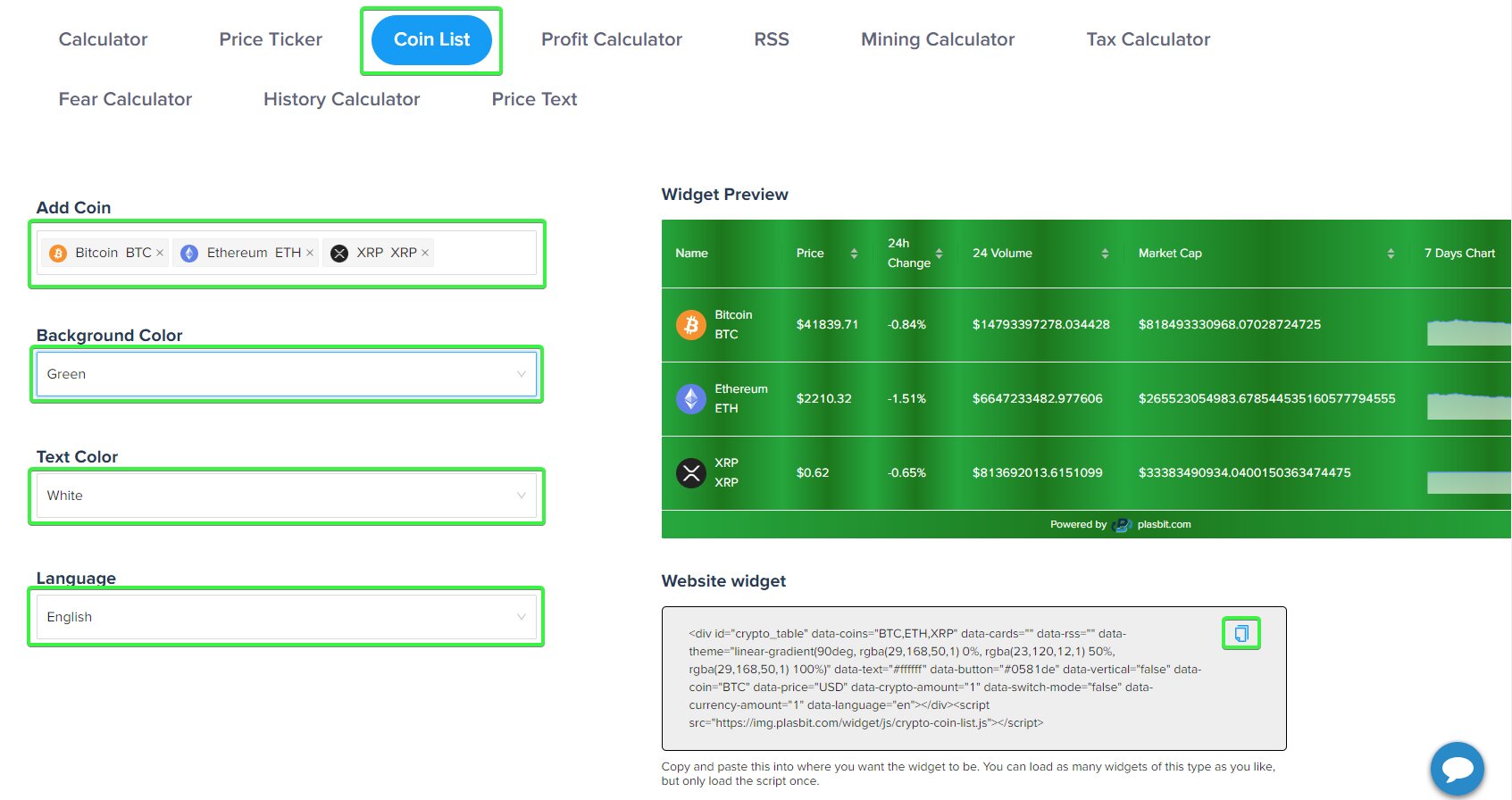 crypto coin list widget