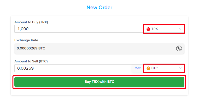 PlasBit buy TRX with BTC