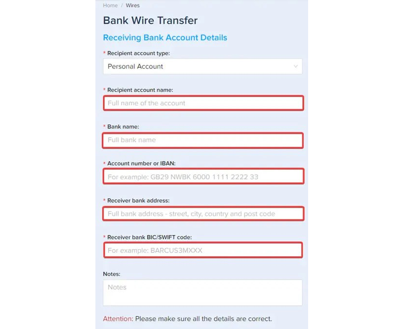 enter your receiving bank account details