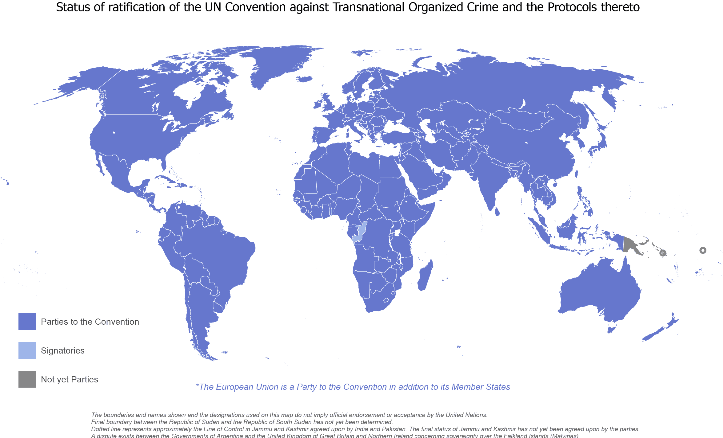 The image shows the map of the entire world, with all countries marked as either parties or signatories to the Palermo Convention except one