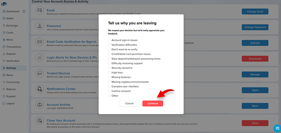 close your plasbit account