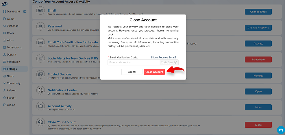 close your plasbit account