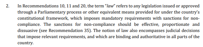 The image shows a 77-word definition of the word "law" used by FATF on page 124 of its Recommendations document that clearly indicates its writer was handsomely paid by the letter