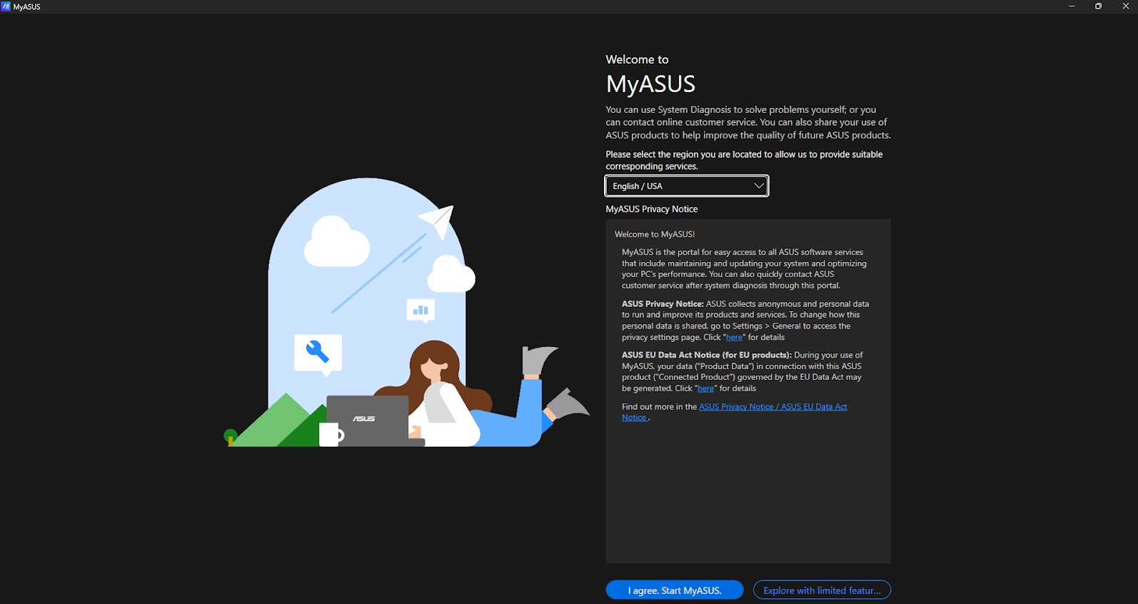 Screenshot of a MyAsus privacy notice and login screen that indicates features will be limited without an account