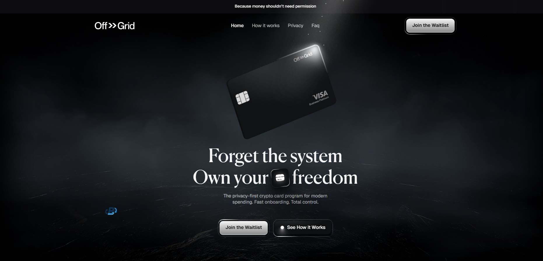 The image shows a man in a suit standing with his back to the observer and holding a bank card with the words "no KYC" on it