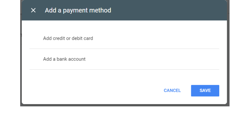 google ads-choose add credit or debit card