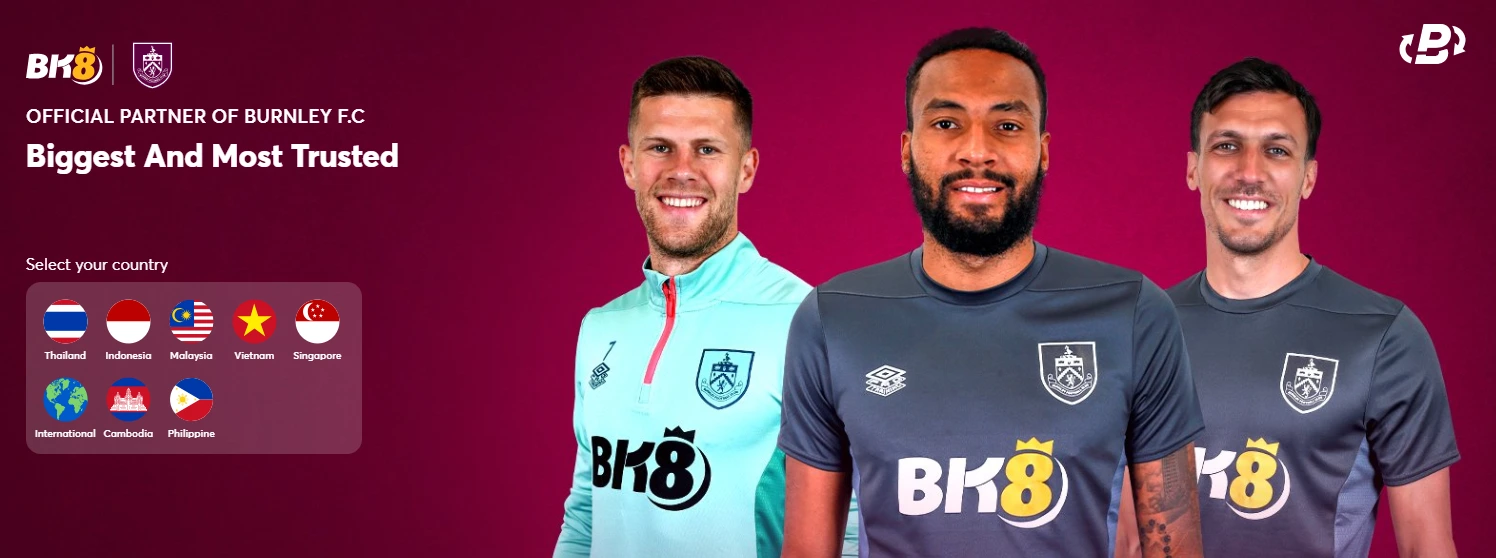 Screenshot of the home page of BK8 that shows three smiling Burnley players, their faces clearly recognizable, posing for the camera