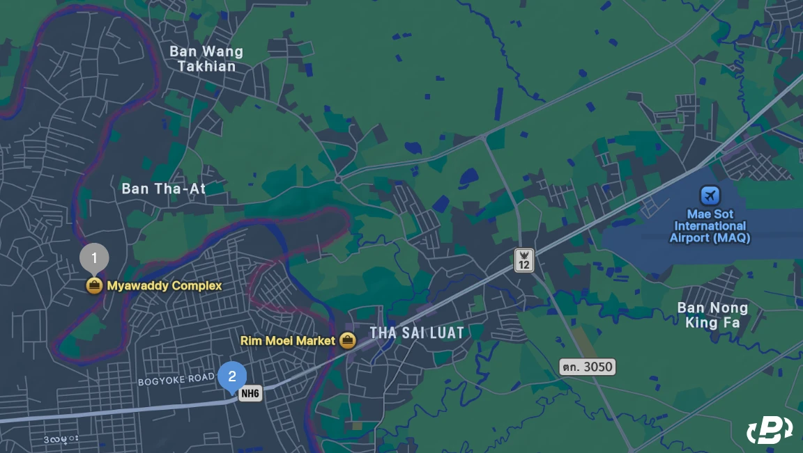Map of Myawaddy showing its sprawling eastward growth barely contained by the Moei river