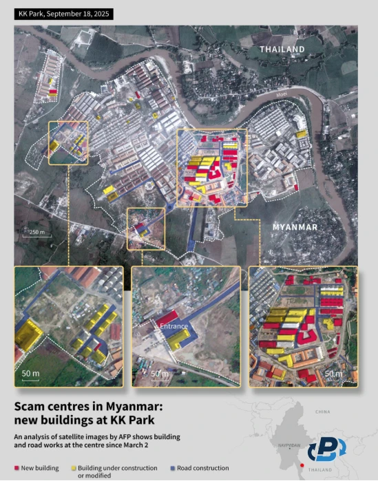 September 18, 2025, infographic made by AFP that shows KK Park got at least a dozen new buildings since March 2025